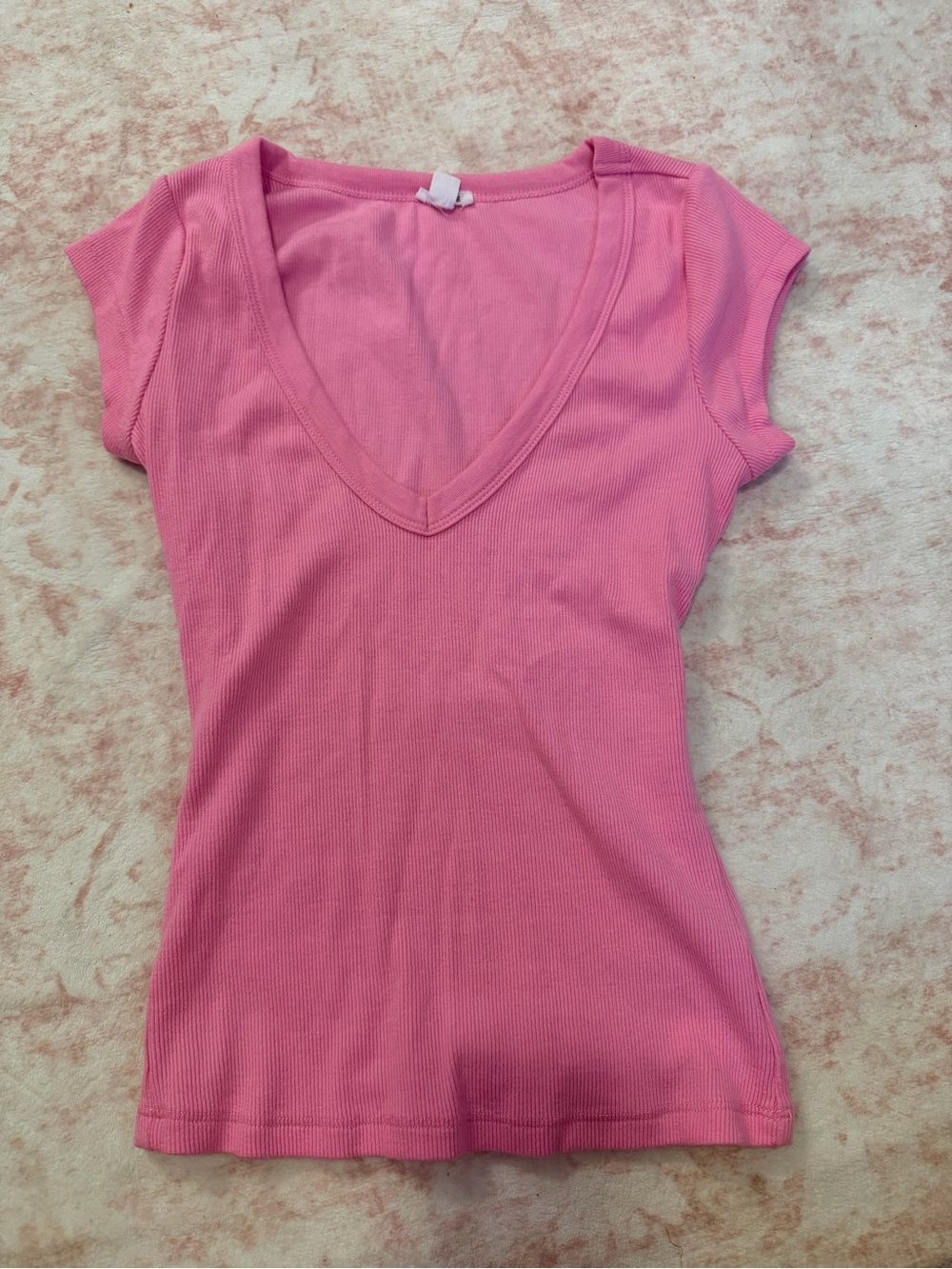 Garage Pink Ribbed V-Neck Short Sleeve Top